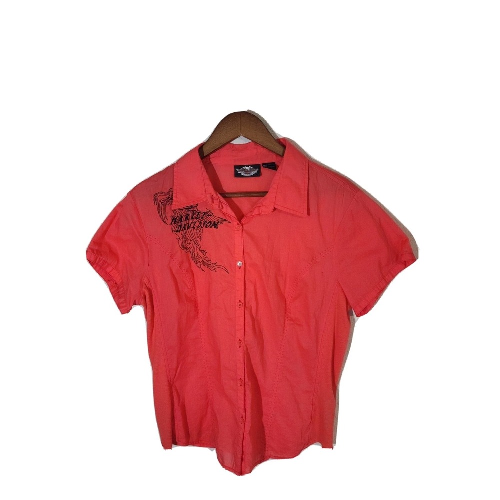 harley davidson shirt womens XL button up orange/red               Bin 34